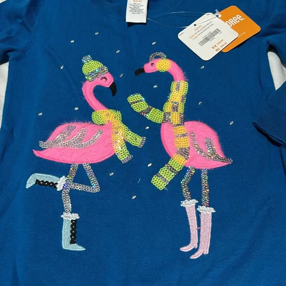 Gymboree S blue long sleeve sweather flamingo details bling sequined nwt perfect